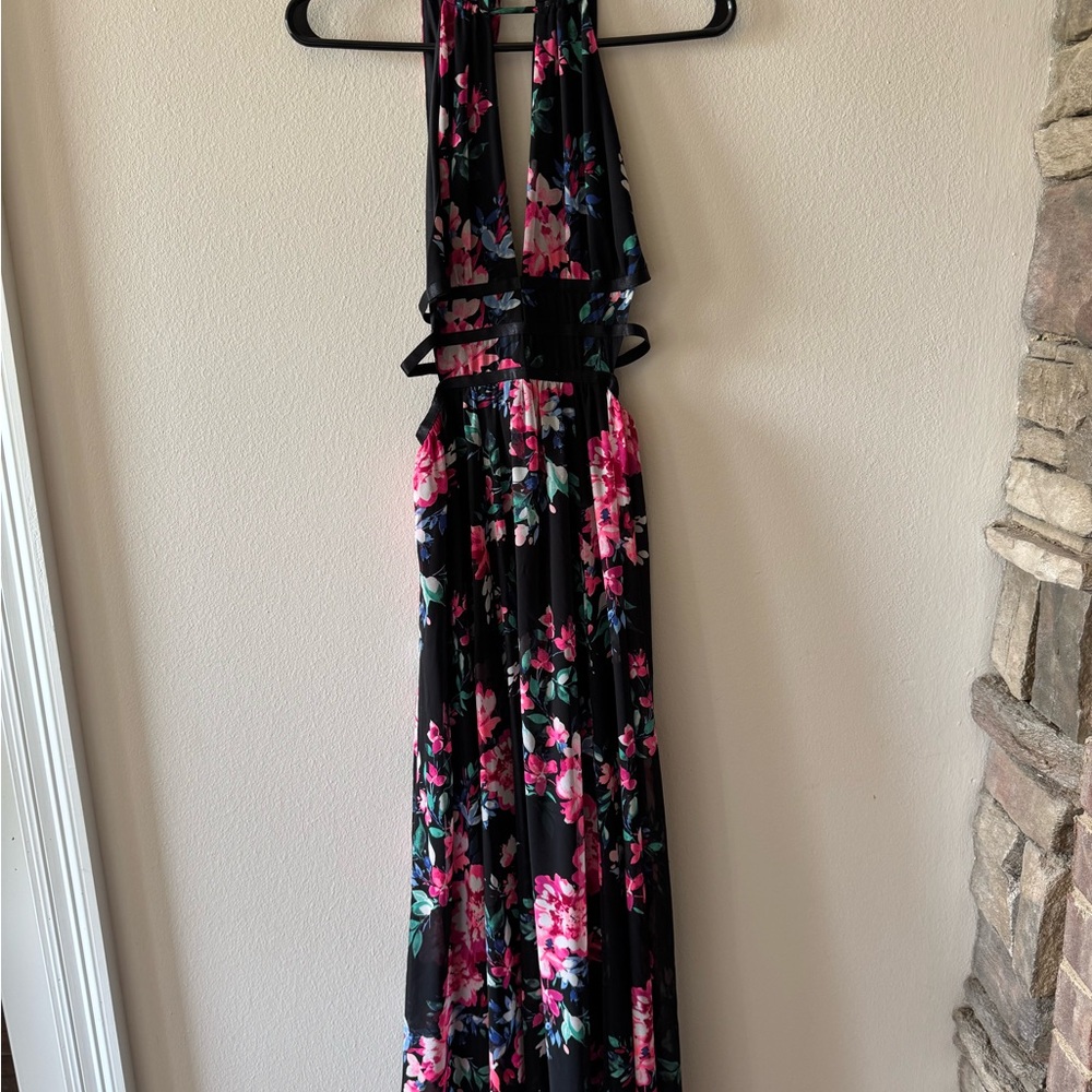 Express Black and Pink Floral Backless Dress